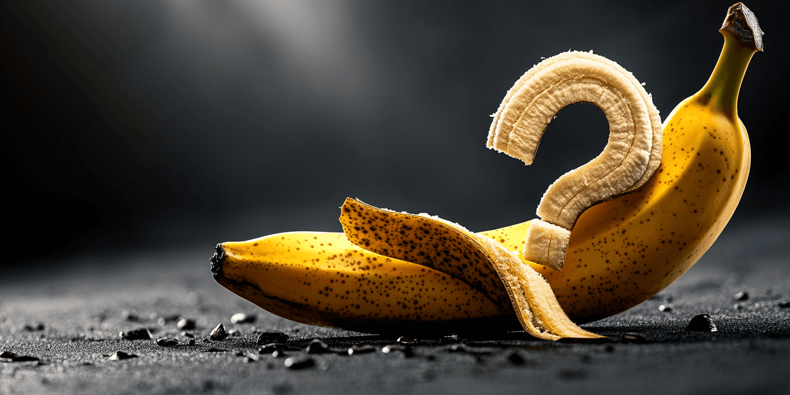 A peeled banana curled into the shape of a question mark